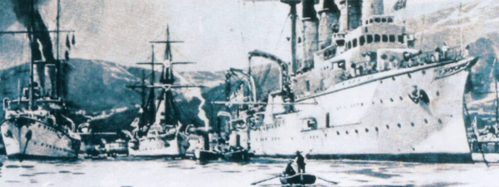 Imagen del bloqueo naval impuesto a Venezuela por Alemania, Reino Unido e Italia en 1902.