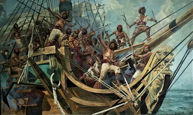 Ilustración de corsarios europeos asaltando puertos venezolanos como La Guaira y Maracaibo en el siglo XVII.