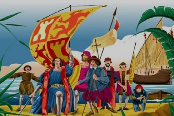 Representación artística del desembarco de Cristóbal Colón en Venezuela durante su tercer viaje en 1498.