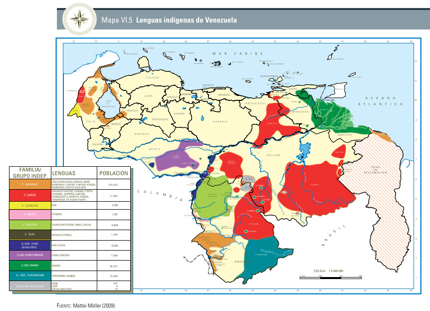 Mapa de Venezuela con distribución geográfica de lenguas indígenas, incluyendo el warao