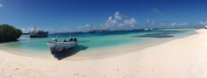 Vista panorámica de una playa de arena blanca y aguas turquesas en el Parque Nacional Los Roques, Venezuela, Lancha con motivos de coral en primer plano y veleros al fondo.