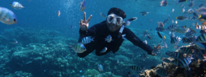 Buceador practicando submarinismo entre peces y corales en el Parque Nacional Mochima, Venezuela