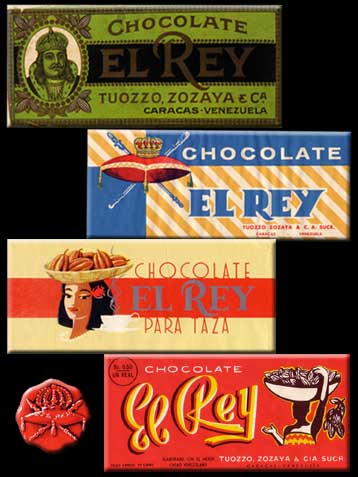 Envoltorios vintage del chocolate El Rey, marca venezolana icónica en la historia del cacao y la chocolatería artesanal.