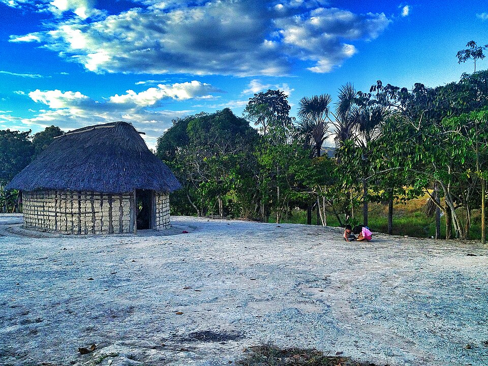 Vivienda tradicional pemón en la Gran Sabana, rodeada de vegetación característica de ka Gran Sabana en el sur de Venezuela.